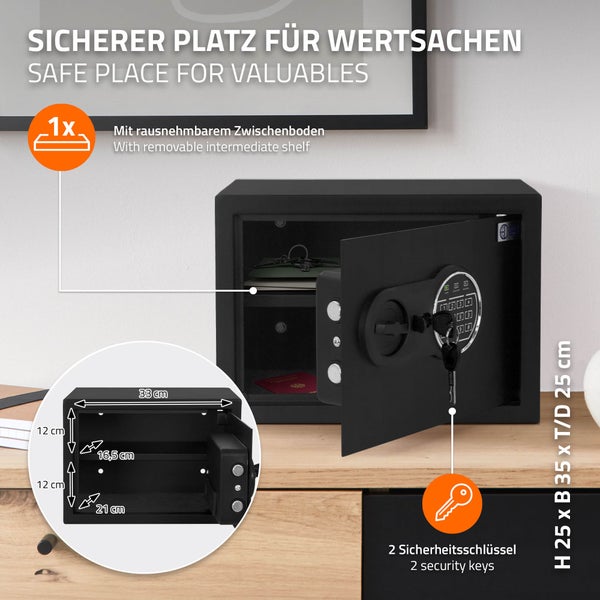 ECD Germany Safe Tresor 16L 35x25x25cm, stabiler Stahl, Wandtresor mit Sensorlicht & Digitale Tastatur für Schmuck Bargeld Dokumente, Elektronischer Möbeltresor Geldkassette mit PIN-Code & Schlüssel
