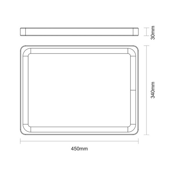 Technische Zeichnung eines Rechtecks mit abgerundeten Ecken und den Maßen 450 mm mal 340 mm und einer Dicke von 30 mm.