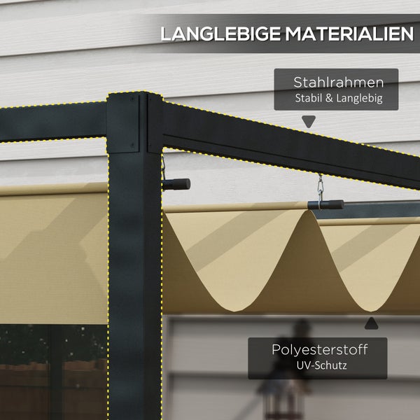 Outsunny Pergola 4x3m Garten Pavillon, Terrassendachung aus Stahl, Gartenpavillon mit verstellbares Dach, Freistehend, Sonnenschutz für Terrasse und Garten, Khaki