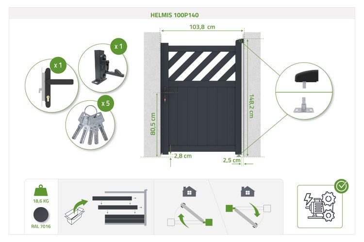 Gartentor HELMIS 100P140 aus Aluminium, 103,8 mal 148,2 Zentimeter, inklusive Drückergarnitur, Schloss und 5 Schlüsseln, Gewicht 18,6 Kilogramm.