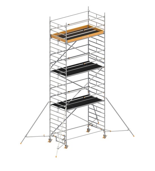 Fahrgerüst mit mehreren Ebenen und Layher Logo