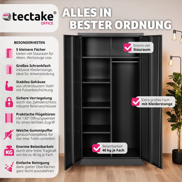 Spind tectake  180 x 80 x 40 cm aus pulverbeschichtetem Stahl schwarz