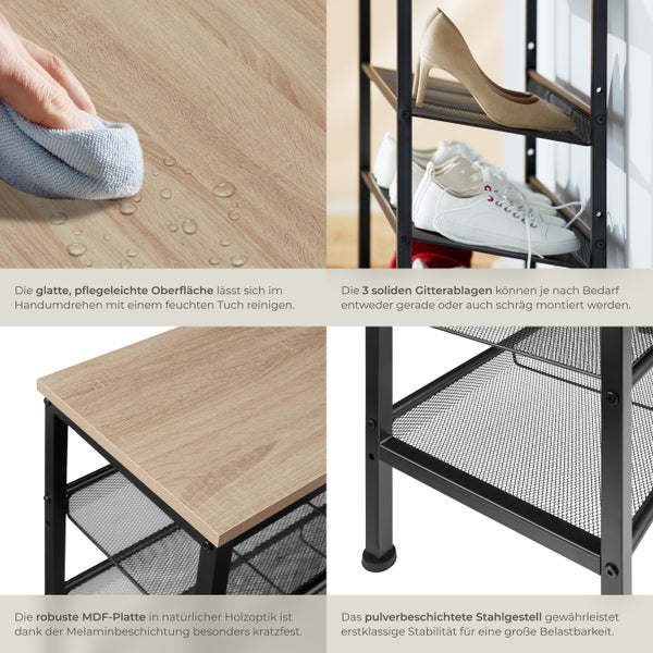 Detailansichten eines Schuhregals mit MDF-Platte in Holzoptik und Stahlgestell