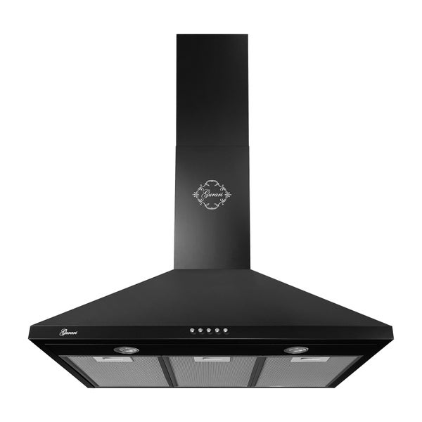 Schwarze Gurari Dunstabzugshaube in Kaminform mit drei Fettfiltern und Beleuchtung.