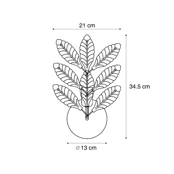 Technische Zeichnung Tischleuchte Pflanzenform mit Maßen: Breite 21 Zentimeter, Höhe 34,5 Zentimeter, Sockeldurchmesser 13 Zentimeter.