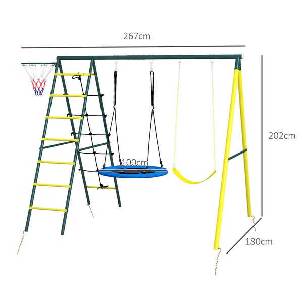 Outsunny Kinderschaukel-Set, 4 in 1 Schaukelgerüst Schaukelgestell mit 2 Schaukeln, Basketballkorb, Kletterleiter, Gartenschaukel für 3-8 Jahre Kinder, Stahl, Gelb