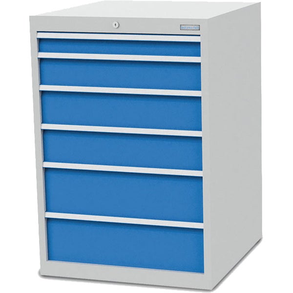 Werkzeugschrank aus Metall mit sieben blauen Schubladen und Zentralschloss.