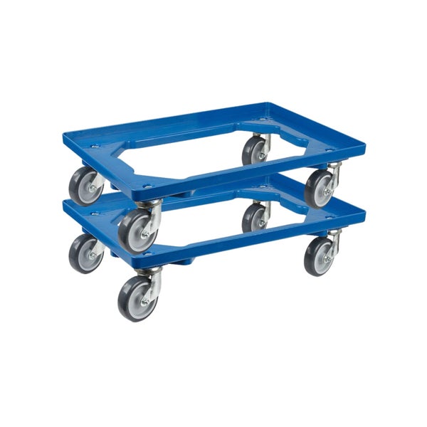 PROREGAL SparSet 2x Transportroller für Euroboxen 60 x 40 cm mit Gummiräder Blau Offenes Deck 2 Lenkrollen und 2 Bockrollen Traglast 300 kg
