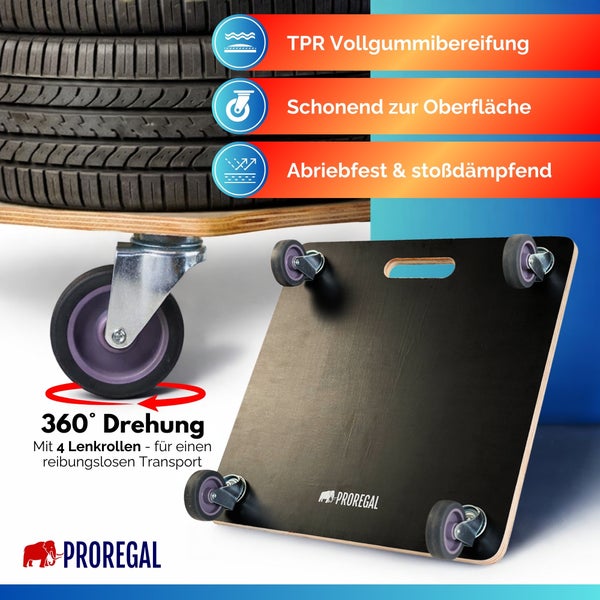 Schwarzer PROREGAL Transportroller aus Holz mit 4 Lenkrollen aus Vollgummi für 360 Grad Drehung, abriebfest und stoßdämpfend. PROREGAL Logo.