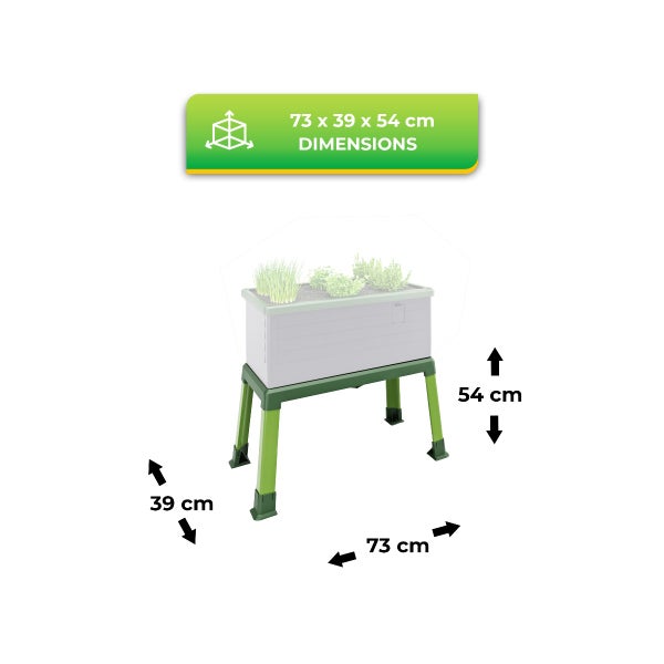 Hochbeet Abmessungen: Länge 73 Zentimeter, Breite 39 Zentimeter, Höhe 54 Zentimeter.