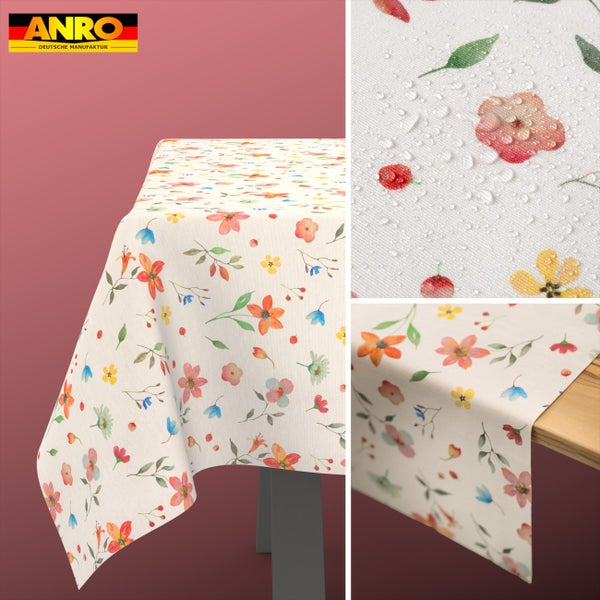 Abwaschbare Tischdecke mit bunten Blumenmustern und wasserabweisender Oberfläche. ANRO Logo.