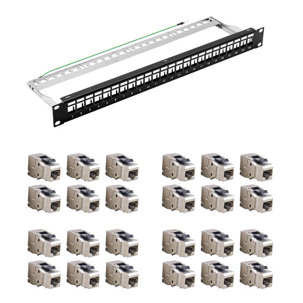 24x RJ45 Keystone Cat.6a 500Mhz 10Gbit werkzeuglos + 19 Zoll Verteilerfeld 24-Port schwarz