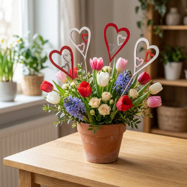 Blumenstrauß aus Tulpen und Hyazinthen in einem Tontopf dekoriert mit Herzsteckern auf einem Holztisch.