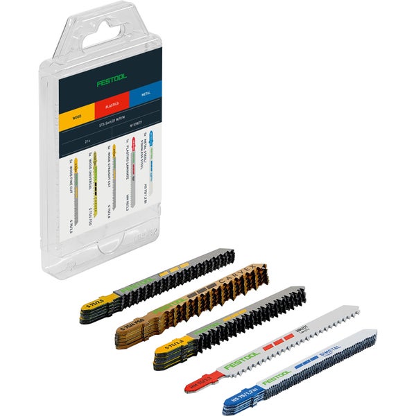 Festool Stichsägeblatt Set mit verschiedenen Sägeblättern für Holz, Kunststoff und Metall in transparenter Verpackung