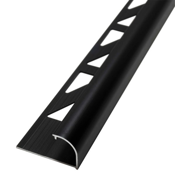 Viertelkreis-Fliesenprofil aus Aluminium in Schwarz mit gestanzter Grundplatte.