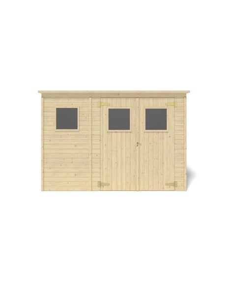 Gartenhaus aus Holz mit Pultdach, Doppeltür mit Fenstern und zusätzlichem Seitenfenster.