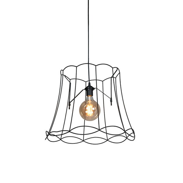 Hängelampe mit schwarzem Drahtschirm und Glühbirne