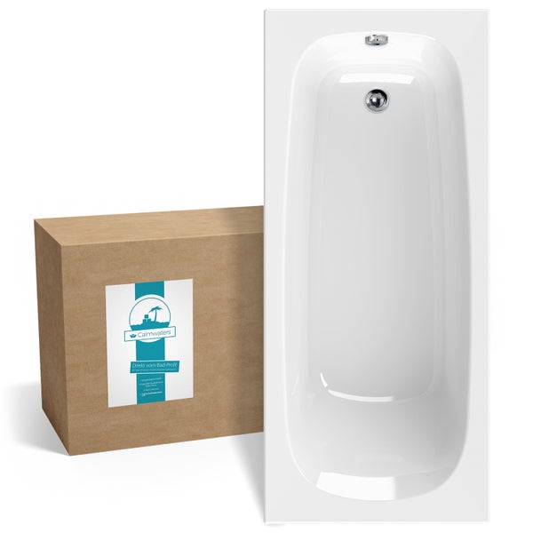 Rechteckige weiße Acryl-Badewanne mit verchromtem Ablauf und Überlauf neben einer Kartonverpackung mit Calmwaters Logo.