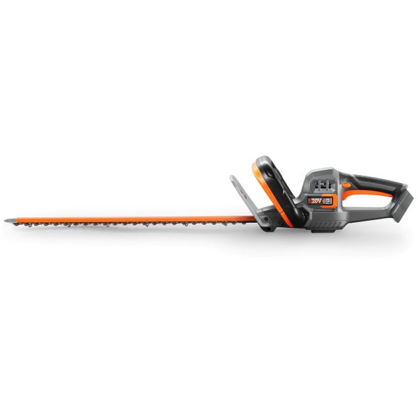 Akku-Heckenschere 20 Volt mit langem Messer und ergonomischem Handgriff.