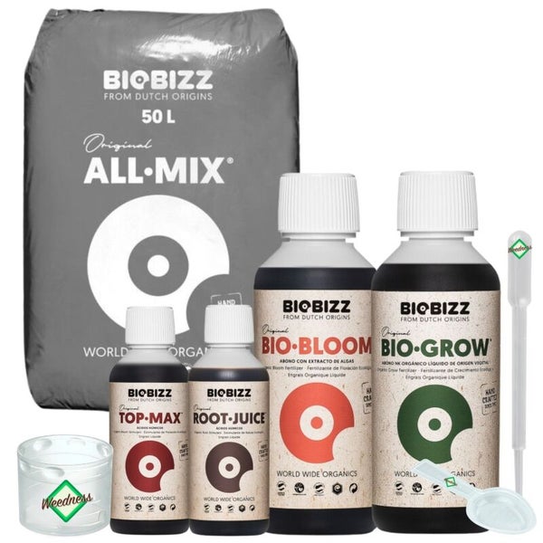 Biobizz Komplettset mit All-Mix Erde 50 Liter, Bio-Bloom, Bio-Grow, Top-Max, Root-Juice Dünger, Messbecher, Pipette und Dosierlöffel.