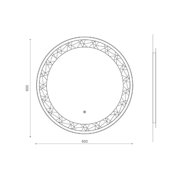 Technische Zeichnung eines runden LED-Badspiegels, Durchmesser 600 Millimeter, mit geometrischem Muster und Touch-Sensor.