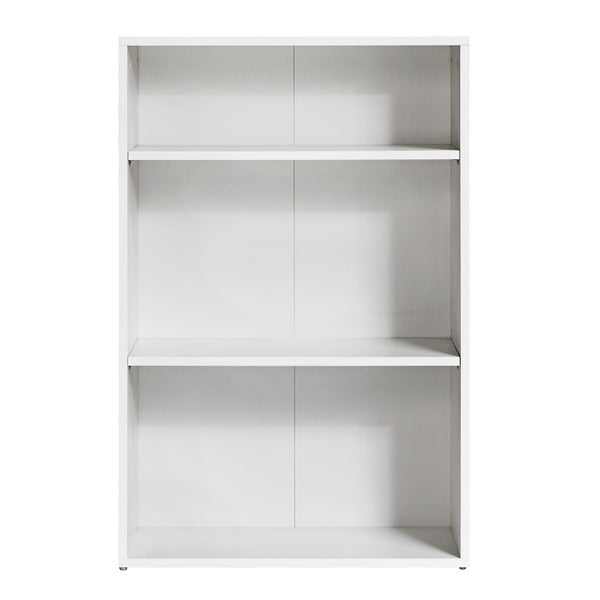 Weißes Regal mit zwei Einlegeböden und drei Fächern aus Holzwerkstoff.