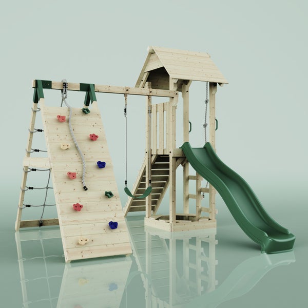 Spielturm mit Kletterwand, Schaukel und Rutsche aus Holz