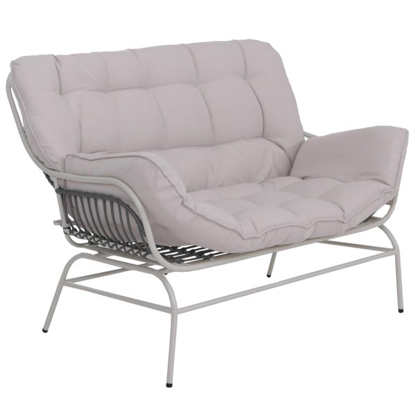 Zweisitzer Garten-Lounge-Sofa mit hellgrauem Metallgestell und hellgrauen Polstern.