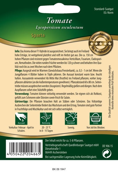 Rückseite der Samentüte Tomate Sparta mit Anbauhinweisen zu Aussaat, Keimung, Standort und Ernte sowie Umtauschgarantie und Firmenlogo.