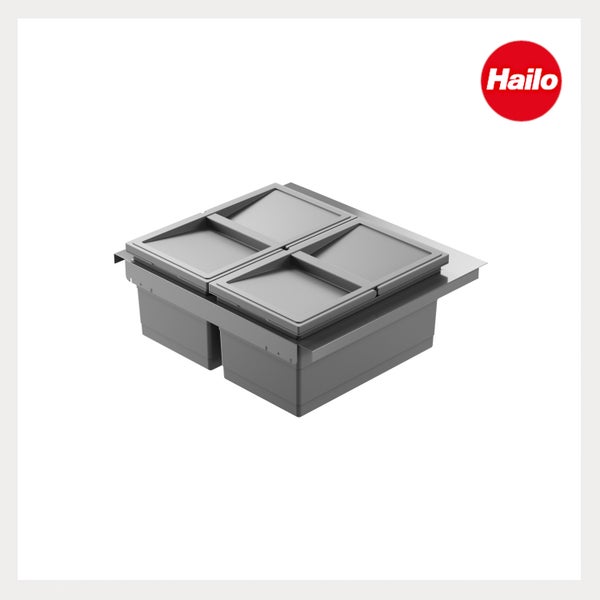 Hailo Abfalltrennsystem mit grauen Mülleimern und Deckeln für den Küchenunterschrank. Hailo Logo.