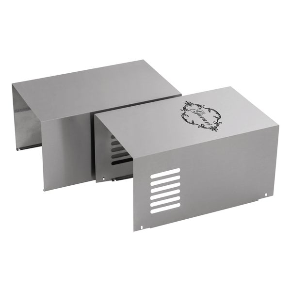 Zweiteilige Kaminverlängerung aus Edelstahl für Dunstabzugshauben mit Lüftungsschlitzen und Gurari Logo.