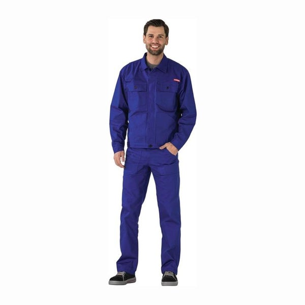 Blaue Arbeitsjacke und Arbeitshose für Herren aus strapazierfähigem Material.