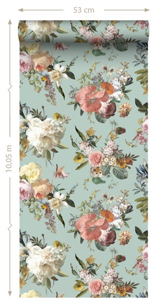 Tapetenrolle mit Blumenmuster, 53 cm breit und 10,05 m lang