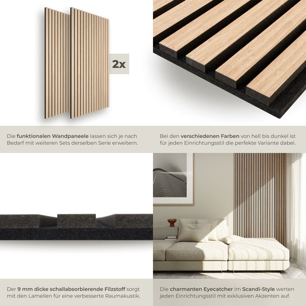 Zwei Holzlamellenpaneele zur Wandgestaltung für verbesserte Raumakustik