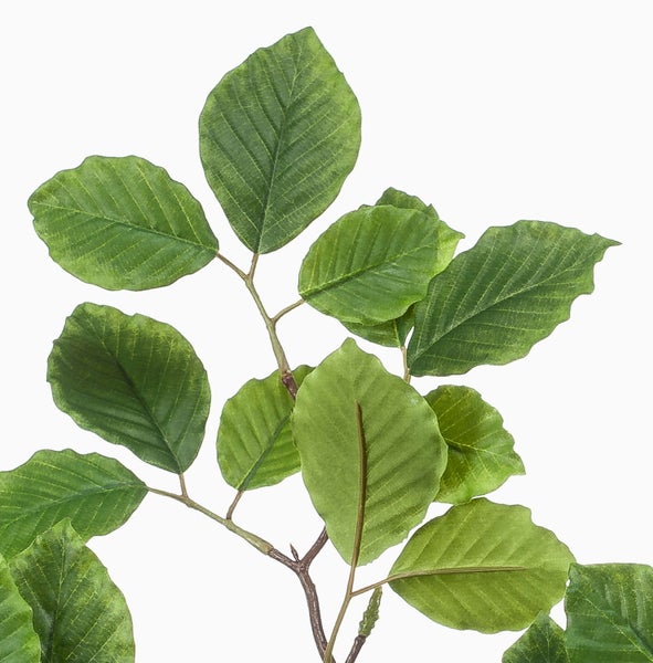 Künstliche Pflanze mit gemusterten grünen Blättern und dunklen Stielen in einem schwarzen Topf.