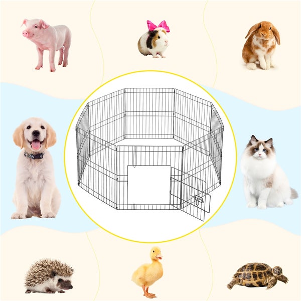 Metall-Freilaufgehege für Haustiere mit Tür und verschiedenen Tieren
