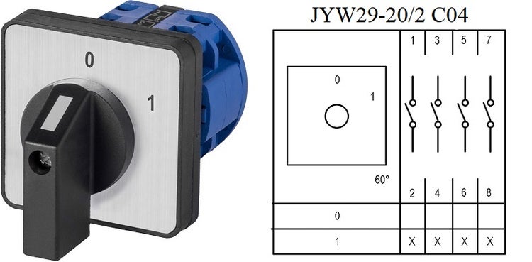 Nockenschalter JYW29-20/2 C04 mit schwarzem Drehknopf, Frontplatte mit 0-1 Stellung und dazugehörigem Schaltplan.