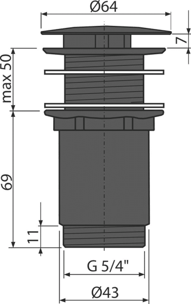 Technische Zeichnung eines Ablaufventils mit Maßen: Durchmesser 64 Millimeter, Anschluss G 5/4 Zoll, maximale Einbauhöhe 50 Millimeter.