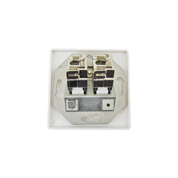 Rückansicht einer zweifachen Netzwerkdose RJ45 mit einem stabilen Metallrahmen für die Montage.