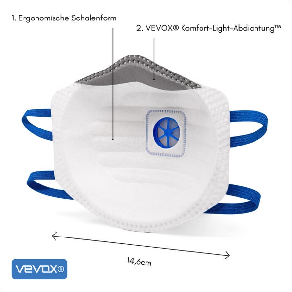 VEVOX® FFP2 Maske mit Ventil – im 20er Set – Staubmaske – Atemschutzmaske – Staubschutzmaske – Feinstaubmaske – Atemschutz z.B. gegen Feinstaub, Schleifstaub oder Baustaub