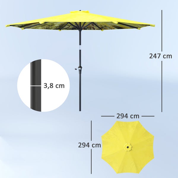 Outsunny Sonnenschirm Ø300 cm, Sonnenschirm mit Handkurbel, Muster，achteckig Balkonschirm Strandschirm windfest stabil Marktschirm Kurbelschirm Sonnenschutz für Strand Balkon Terrasse Garten, Gelb