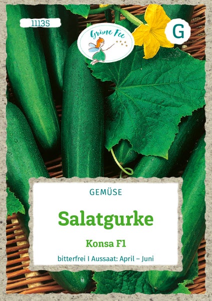 Samentüte für Salatgurke Konsa F1, Grüne Fee Logo, bitterfreie Sorte, Aussaat von April bis Juni.