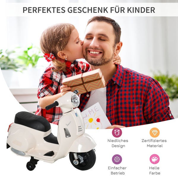 HOMCOM VESPA Elektromotorrad, 18-36 Monate, 3 km/h, LED-Licht Sound, 66,5 x 38 x 52 cm, Kunststoff, Metall, Weiß