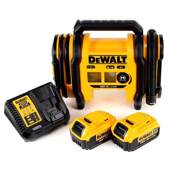 DeWALT Akku-Kompressor Set mit zwei 18 Volt Akkus und einem Ladegerät.