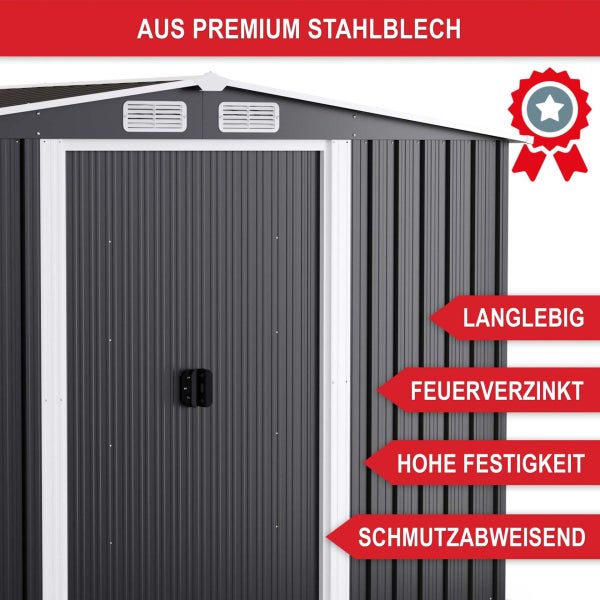 Gartenhaus aus Premium-Stahlblech, feuerverzinkt, langlebig, hohe Festigkeit und schmutzabweisend.