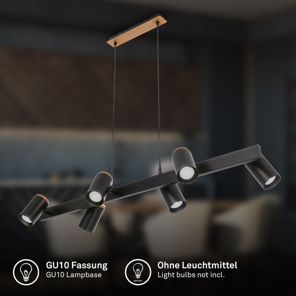 Schwarze 6-flammige Pendelleuchte aus Metall und Holz, verstellbare Strahler, GU10 Fassung, ohne Leuchtmittel.