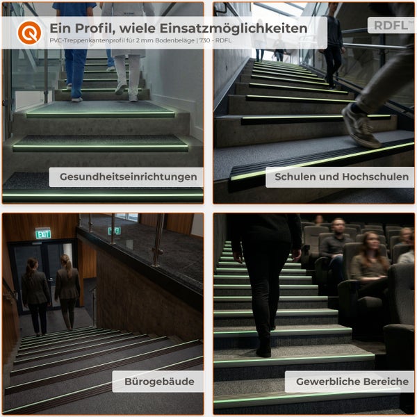 Nachleuchtendes PVC-Treppenkantenprofil für 2 Millimeter Bodenbeläge in Krankenhäusern, Schulen, Büros und Gewerberäumen zur Sicherheit. RDFL Logo.