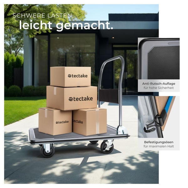 Sackkarre mit Kartons und Tectake Logo vor Haus