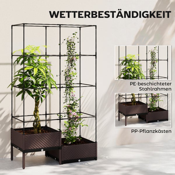 Wetterbeständiger Pflanzkasten mit Rankgitter aus PE-beschichtetem Stahlrahmen und PP-Kübeln, geeignet für Kletterpflanzen.