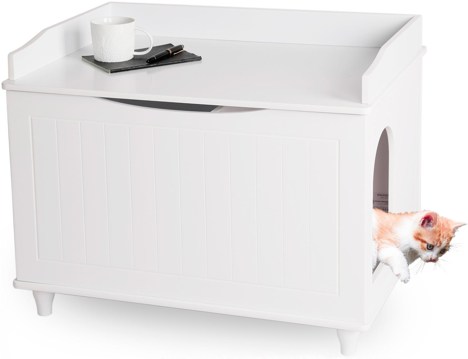WONDERMAKE - Katzenschrank für Katzentoilette groß aus Holz, Katzenklo-Schrank Kommode XL, Design Katzen-Haus Toilette Klo Waschbecken-Unterschrank für Bad, weiß